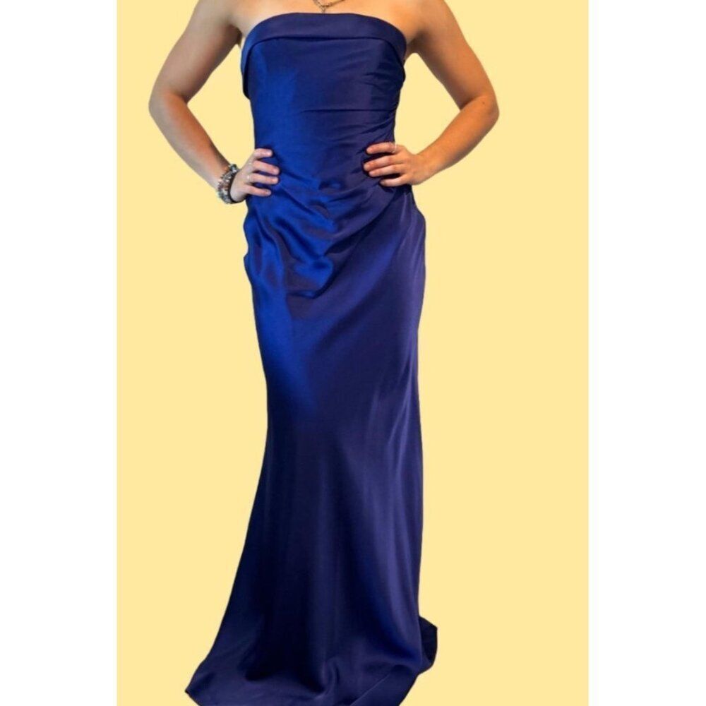 David's Bridal Women Royal Blue Strapless Bridesmaid Gown with Cascading Train D